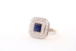 Sapphire and diamond panel ring, central square cut blue Sapphire, estimated weight 1.21ct, set with