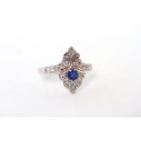 Sapphire and diamond art deco style ring, round cut sapphire set with brilliant cut diamonds,