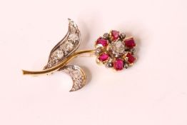 EDWARDIAN RUBY AND DIAMOND TWO TONE FLOWER BROOCH, 18ct, total weight 8.57 gms.
