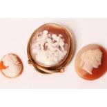 Group of 3 Cameos, 1 cameo set brooch with 3 cherubs, width 55mm, length 69mm, 1 loose cameo,