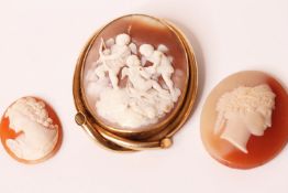 Group of 3 Cameos, 1 cameo set brooch with 3 cherubs, width 55mm, length 69mm, 1 loose cameo,