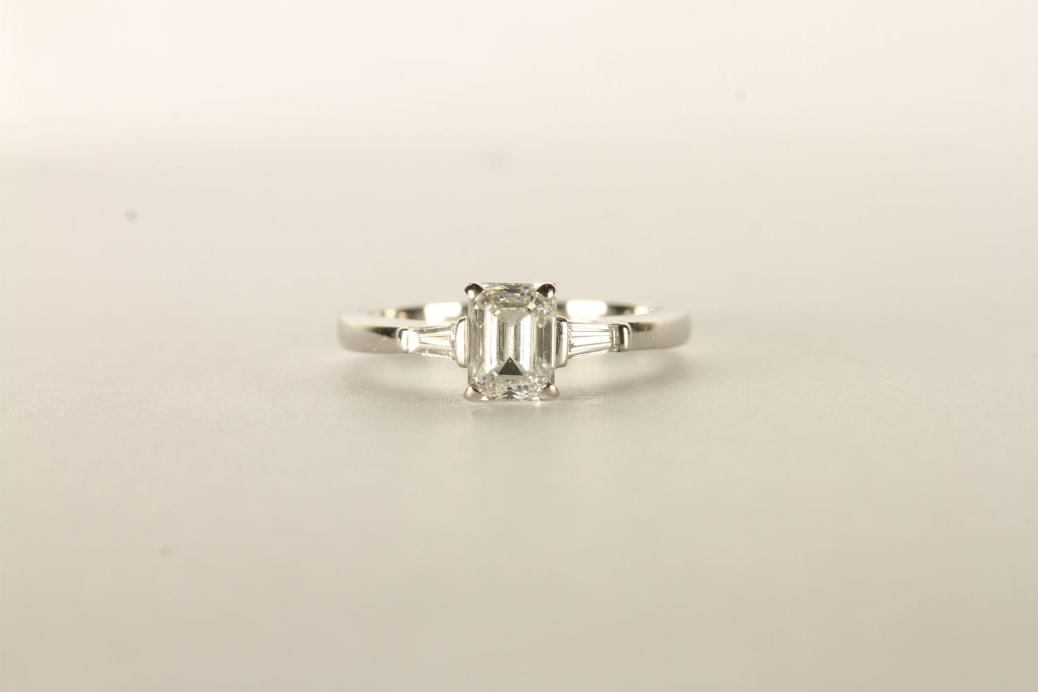 Boodles Diamond Ring, centre set with a single emerald cut diamond 0.91ct, G colour, VSI clarity,