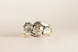Diamond Trilogy Ring, set with 3 round cut diamonds, claw set, stamped 18ct yellow gold shank,