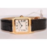 LADIES CARTIER SANTOS 18CT GOLD WRISTWATCH, rounded square beige dial with black roman numeral