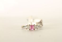 18K PINK SAPPHIRE AND DIAMOND THREE STONE RING,centre stone estimated as 4.1 x 4.1mm,diamonds