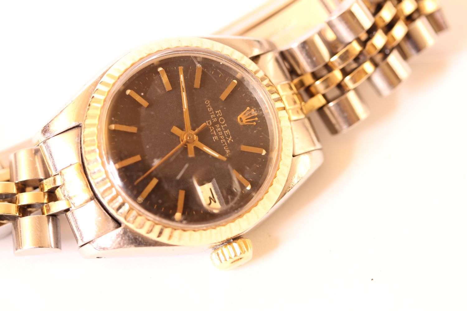 LADIES TWO TONE ROLEX DATE WRISWATCH, circular black dial with gold hands and gold hour markers, - Image 2 of 3