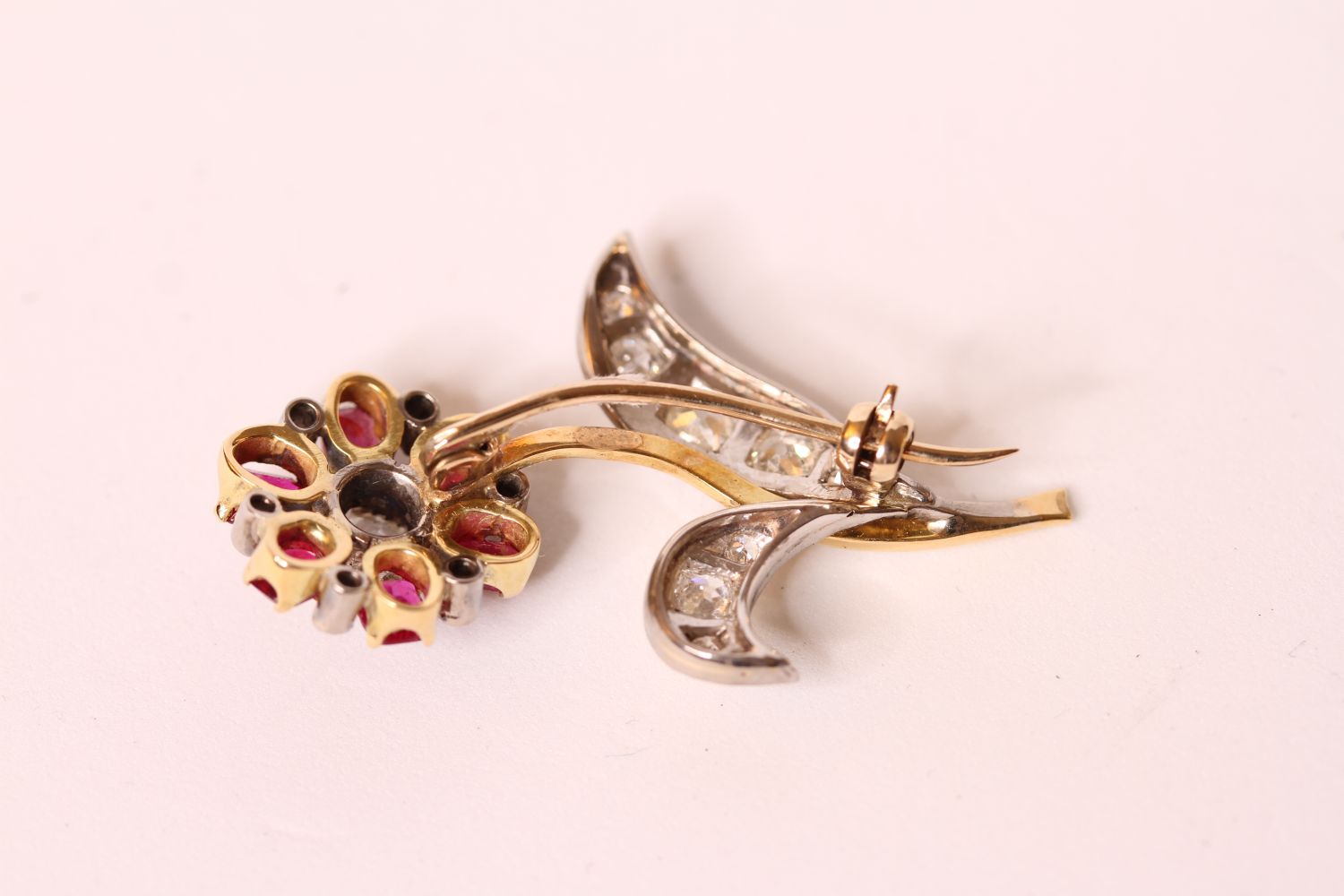 EDWARDIAN RUBY AND DIAMOND TWO TONE FLOWER BROOCH, 18ct, total weight 8.57 gms. - Image 3 of 3