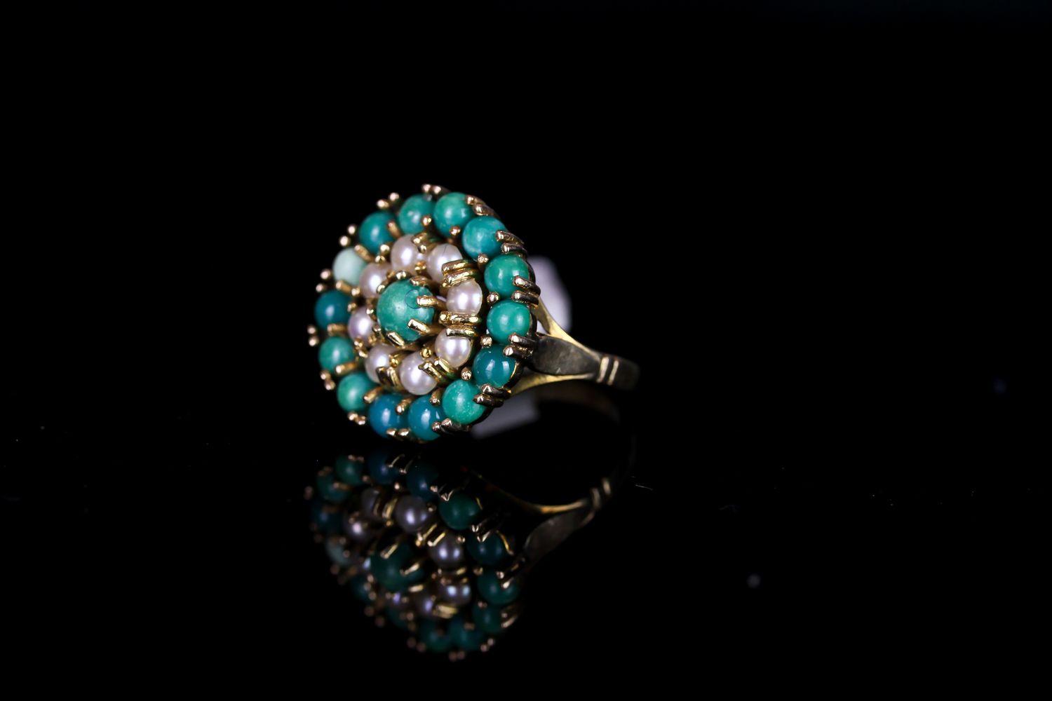 9CT SEED PEARL AND TURQUOISE DRESS RING, total weight 5.24 gms, ring size N. - Image 2 of 3