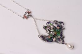 Gypsy Dancer Necklace, set with a suspended pearl, opals, rubies and marcasites, inlaid with
