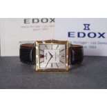 GENTLEMENS EDOX CALSSE ROYALE ULTRA SLIM DATE WRISTWATCH W/ GUARANTEE CARD, rectangular two tone