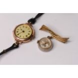 Vintage 9ct ladies watch, white dial, Roman numerals, red 12, cord strap, together with a gold