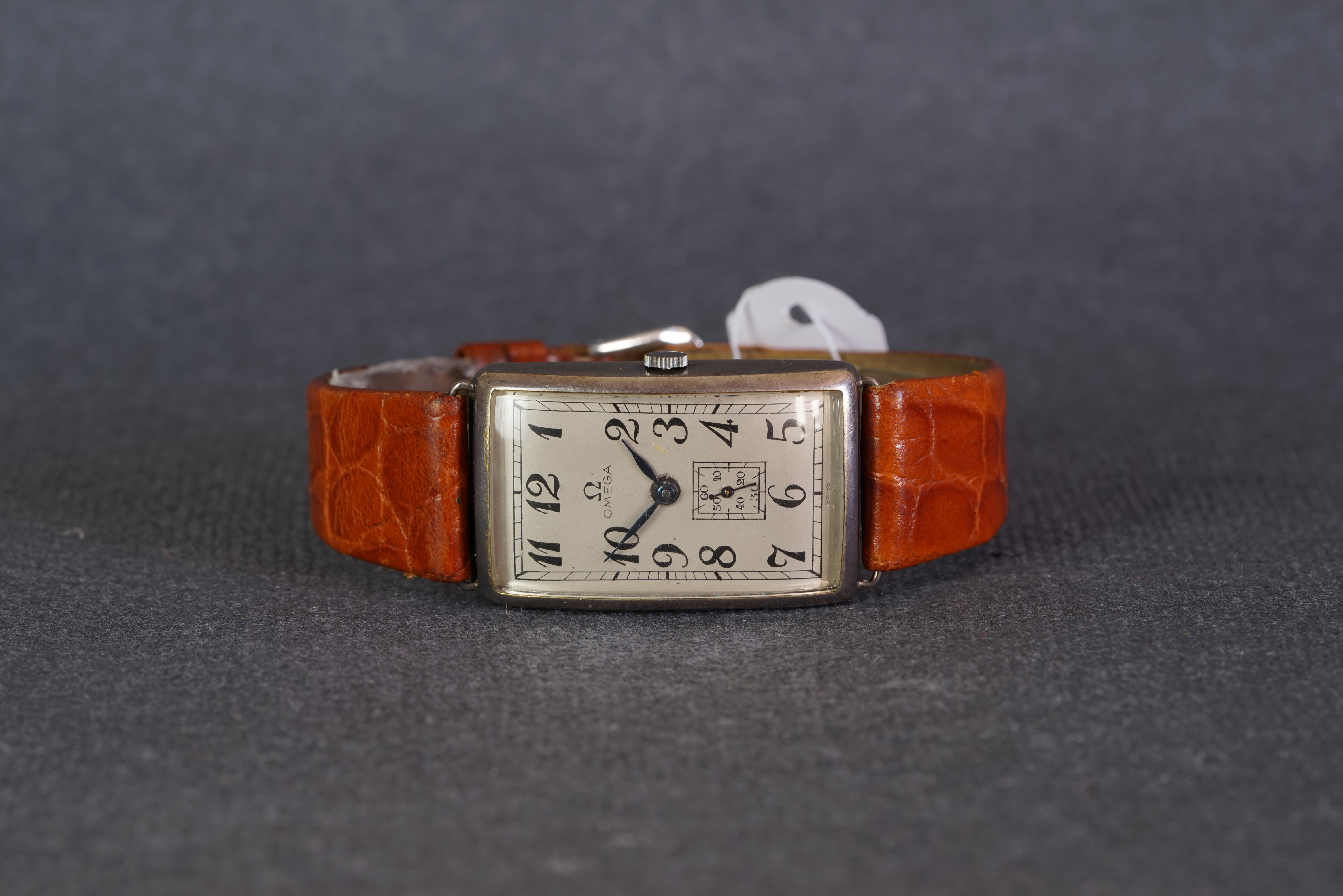 GENTLEMENS OMEGA POWERED GONDOLO SILVER WRISTWATCH, rectangular re finished dial which has been