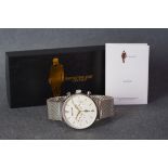 GENTLEMENS DISTINCTIVE GENT LONDON CHRONOGRAPH WRISTWATCH W/ BOX & BOOKLET, circular silver twin