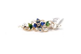 Victorian 15ct Diamond and Enamel Floral Brooch, central old cut diamond set within a blue enamel