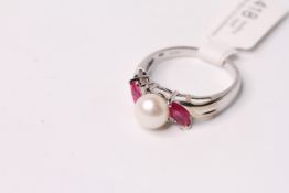 Pearl, Ruby and Diamond Set Ring, gold