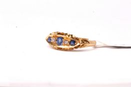 Edwardian Sapphire and Diamond carved half hoop ring, three sapphires, two diamonds, in 18ct gold