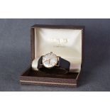 GENTLEMENS LONGINES 9CT GOLD WRISTWATCH W/ BOX, circular silver dial with stick hour markers and