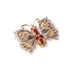 Ruby and Diamond Butterfly Brooch, oval cut rubies, diamond set wings, 32x22mm, 10g, yellow and