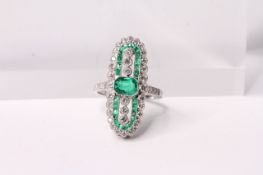 Emerald and Diamond Elongated Ring, set with emeralds totalling approximately 0.73 ct and diamonds