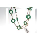 Art Deco Green Hardstone Necklace, 12 hexagonal carved green hard stone links, linked with hand made