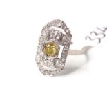 Art Deco Fancy Yellow Old Cut Diamond Panel Ring, central fancy golden yellow diamond, estimated