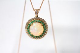 An Impressive Opal, Emerald and Diamond Necklace, central 15.7/15.8mm diameter high cabochon cut