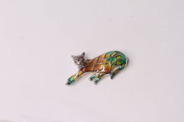 Cat Brooch set with ruby eyes and inlaid multi-coloured enamel, sterling silver.
