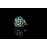 9CT SEED PEARL AND TURQUOISE DRESS RING, total weight 5.24 gms, ring size N.