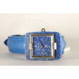 GENTLEMENS 18CT WHITE GOLD CENTURY WRISTWATCH, square lapis lazuli dial with silver sword hands,