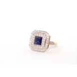 Sapphire and diamond panel ring, central square cut blue Sapphire, estimated weight 1.21ct, set with