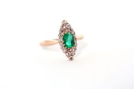Victorian Emerald and Rose Cut Diamond Marquise Panel RIng, central rectangular cushion cut