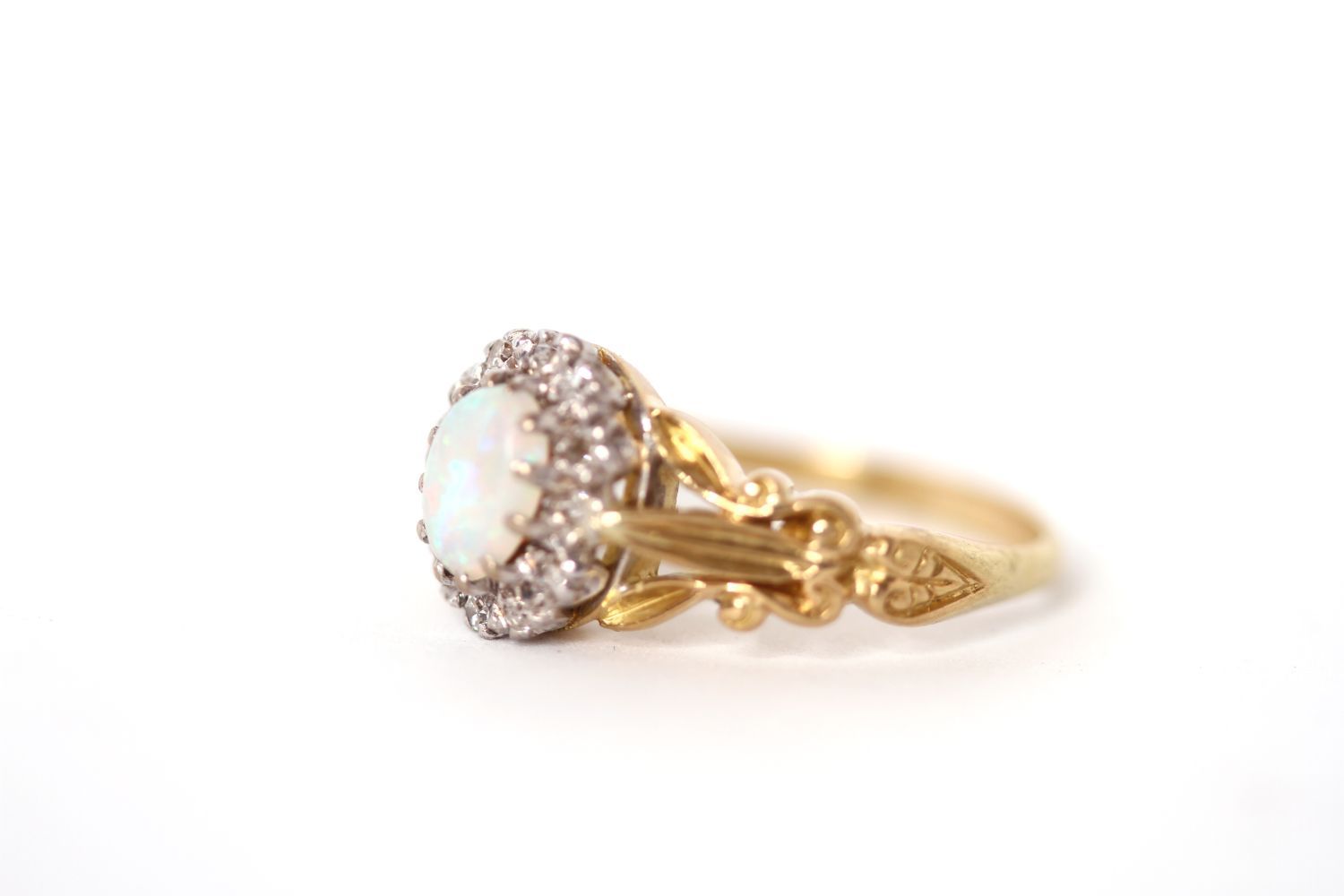 Opal and Diamond cluster ring, cabochon oval cut Opal with rose cut diamonds, fancy splitting the
