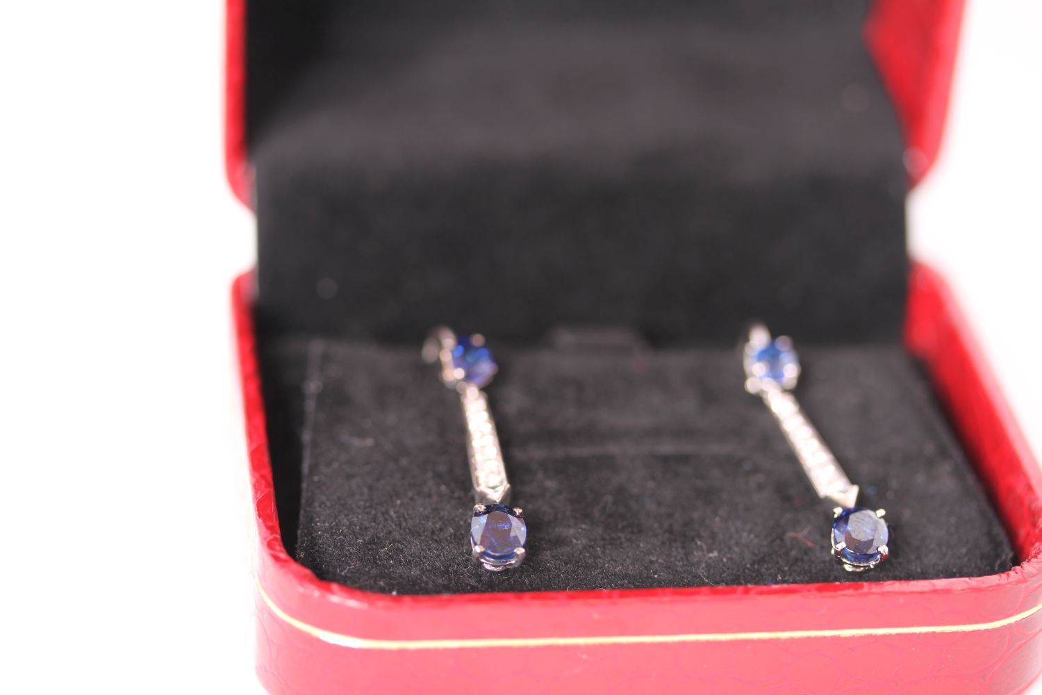 Sapphire and Diamond Drop Earrings, two oval cut blue Sapphires to each, spaced with a diamond set - Image 2 of 2