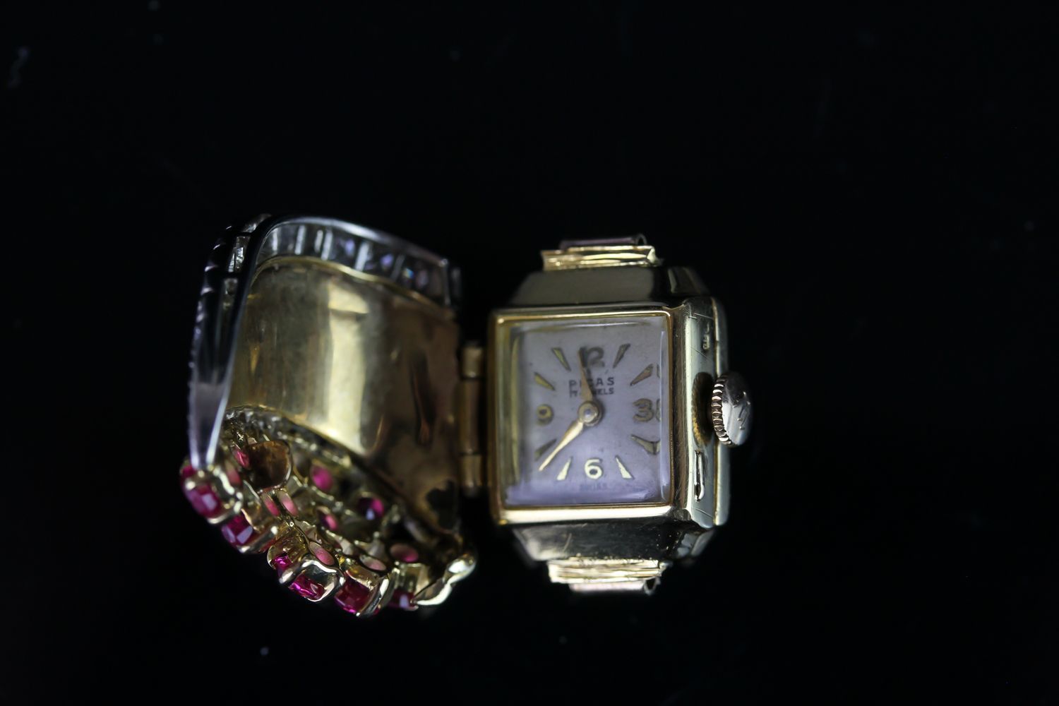 Picas Ruby and Diamond set watch head only, square cream dial with arabic numbers and hour - Image 2 of 3