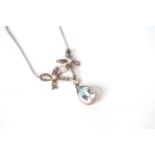 Aquamarine Diamond and Pearl Drop Necklace, large pear cut aquamarine suspended from a diamond and