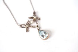 Aquamarine Diamond and Pearl Drop Necklace, large pear cut aquamarine suspended from a diamond and