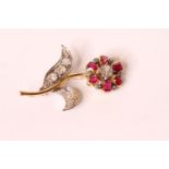 EDWARDIAN RUBY AND DIAMOND TWO TONE FLOWER BROOCH, 18ct, total weight 8.57 gms.