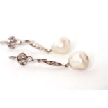 A pair of Natural Salt Water Pearl Drop Earrings, large pair drop pearls, approximately 11.2 x 10.