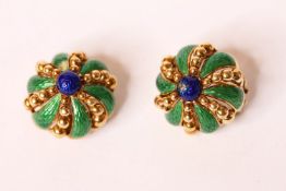 Pair of enamel button clip on earrings, blue enamel set to the centre of each, 6 green enamel panels