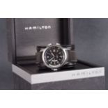 GENTLEMENS HAMILTON KHAKI AUTOMATIC GMT WRISTWATCH W/ BOX, circular black dial with cream arabic