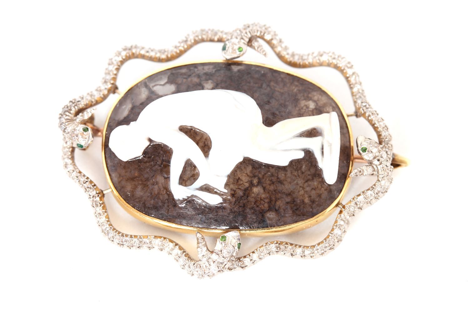 Fine Victorian Cameo and Snake Brooch, carved Hardstone cameo depicting a female, set within a - Image 3 of 4