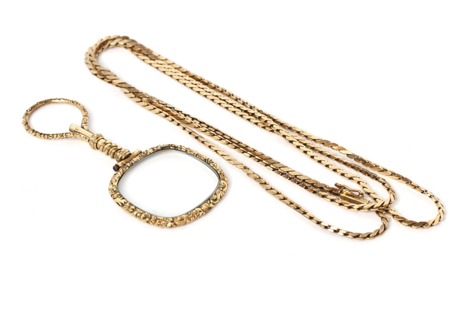 9ct long chain, flat link chain, 18g, together with a Victorian magnifying glass, with engraved