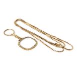 9ct long chain, flat link chain, 18g, together with a Victorian magnifying glass, with engraved