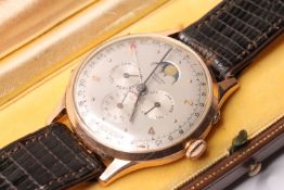 VINTAGE 14CT ROSE GOLD RECORD JUMBO TRIPLE CALENDAR MOON PHASE circa 1949-1950, circular dial, dot