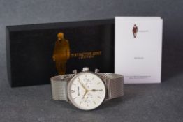 GENTLEMENS DISTINCTIVE GENT LONDON CHRONOGRAPH WRISTWATCH W/ BOX & BOOKLET, circular silver twin