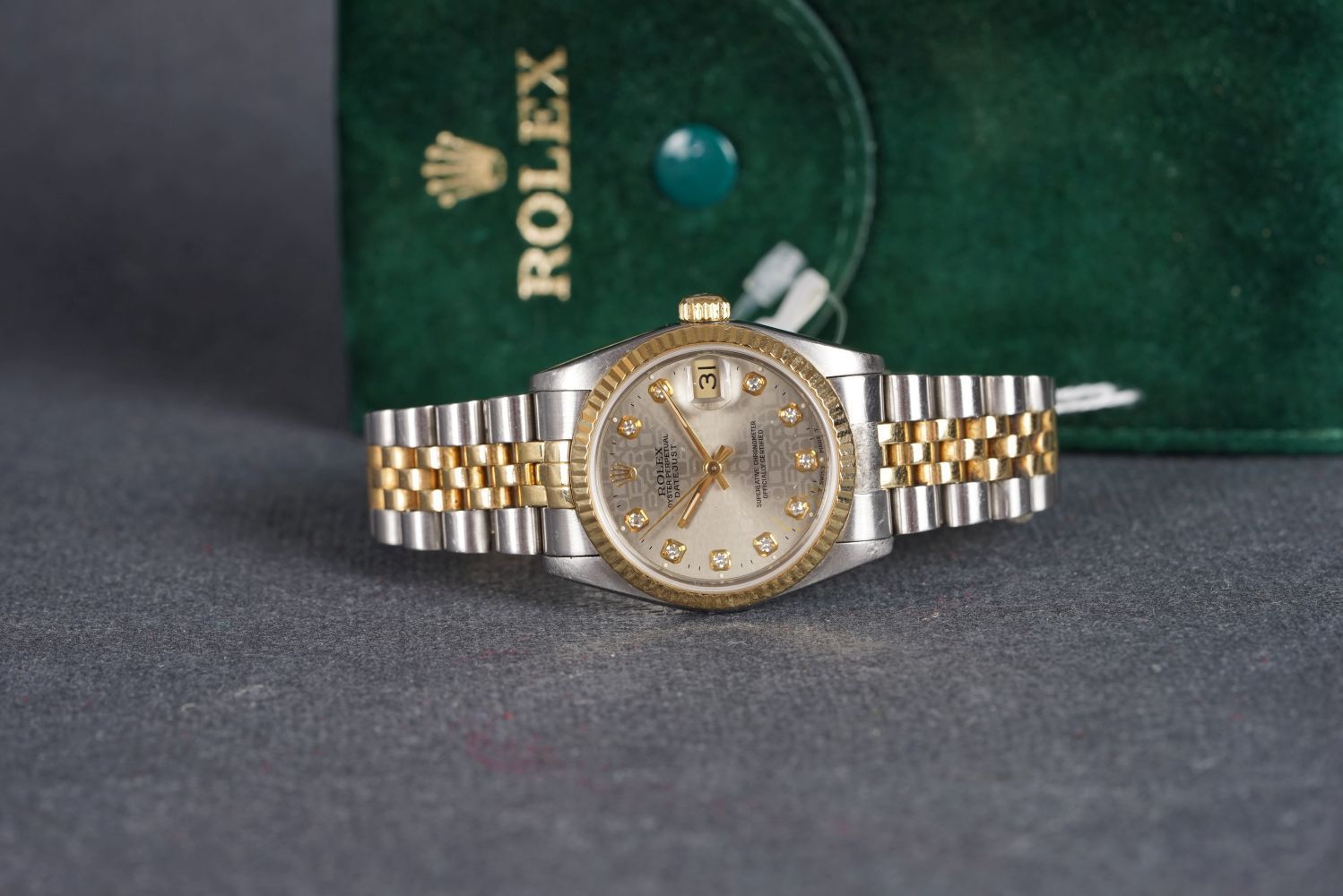 LADIES ROLEX OYSTER PERPETUAL DATEJUST DIAMOND SET WRISTWATCH REF. 68273, circular monogram