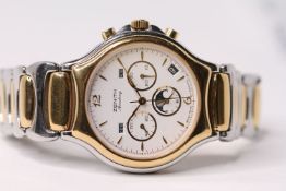 RARE GENTS ZENITH ACADEMY CHRONOGRAPH CALENDAR MOONPHASE STEEL AND GOLD WRISTWATCH, circular white