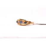 Edwardian Sapphire and Diamond carved half hoop ring, three sapphires, two diamonds, in 18ct gold