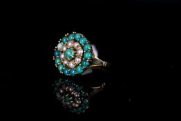 9CT SEED PEARL AND TURQUOISE DRESS RING, total weight 5.24 gms, ring size N.