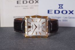 GENTLEMENS EDOX CALSSE ROYALE ULTRA SLIM DATE WRISTWATCH W/ GUARANTEE CARD, rectangular two tone